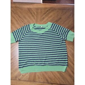 Talbots Womens Striped Knit Sweater Green Navy Short Sleeve Crewneck XL Y2K
